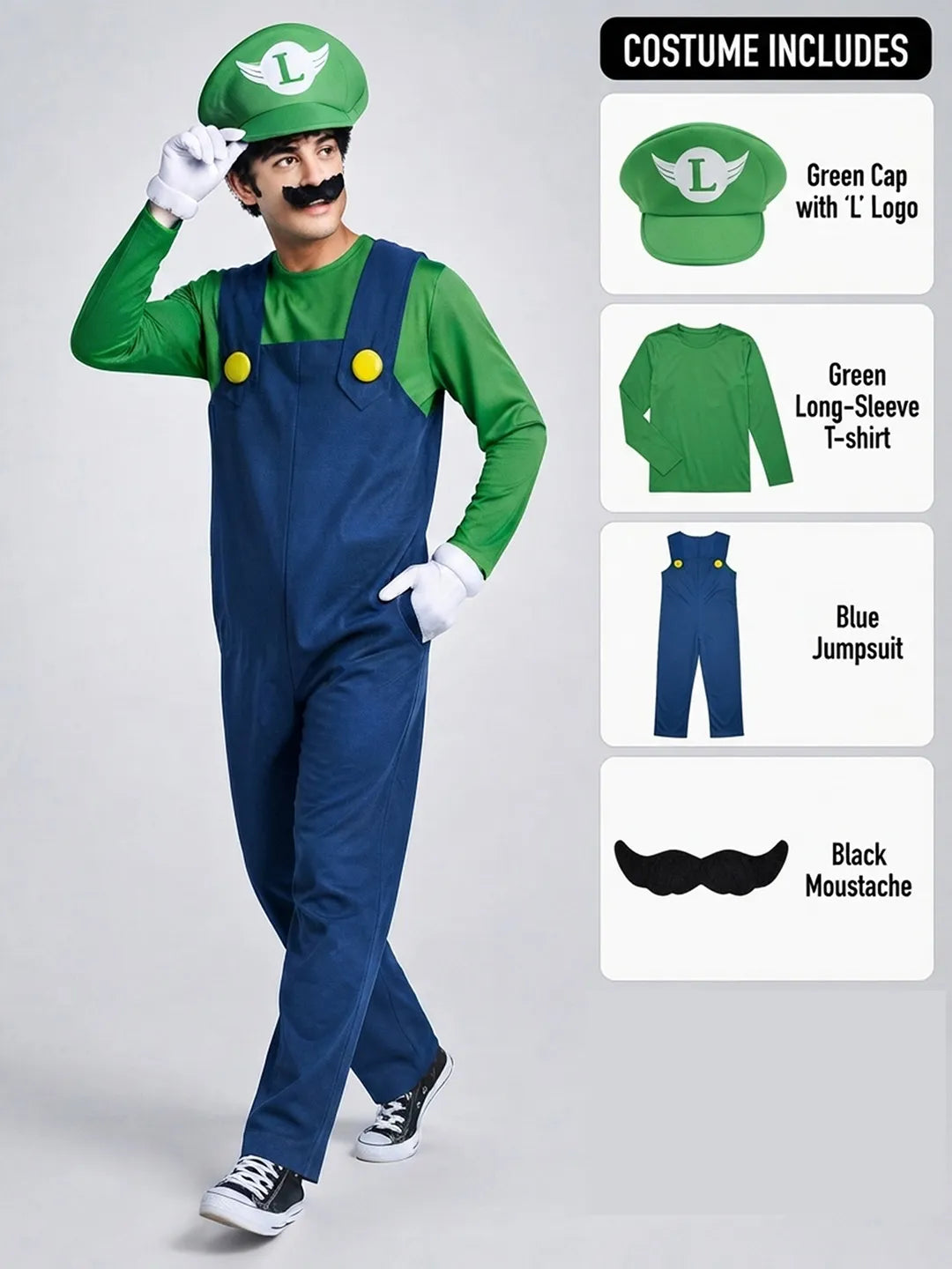 Super Brother Green Plumber Adult Halloween Costume Fancy Dress Up
