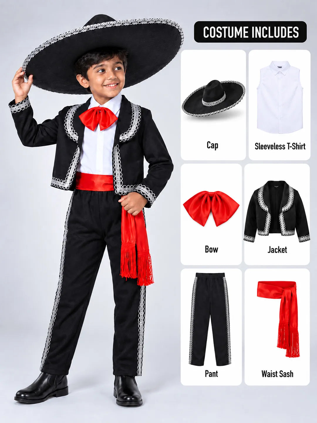 Black & Red Mexican Mariachi Boys, Kids Halloween Costume Fancy Dress Up
