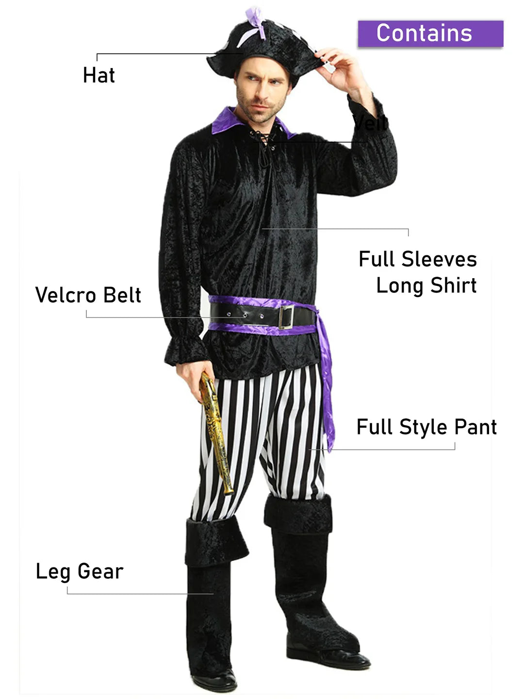 Purple & Black Pirate Adult Halloween Costume Fancy Dress Up