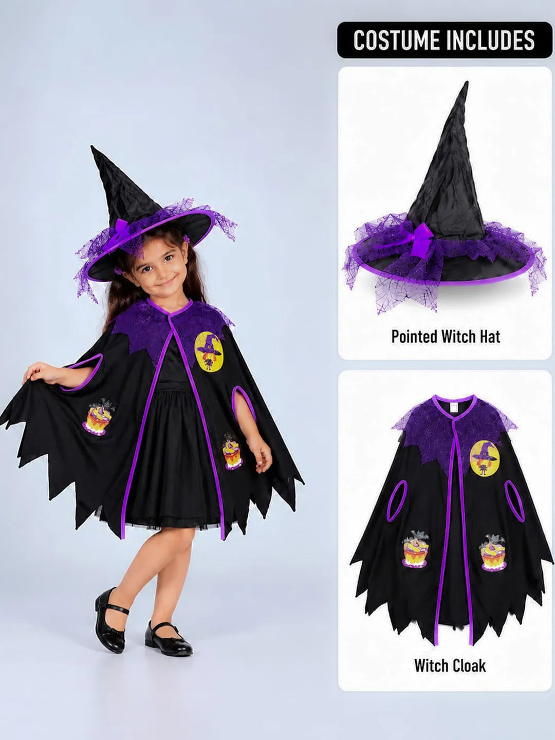Black & Purple Witch Poncho & Hat set,No Frock included, Kids Halloween Costume Fancy Dress Up