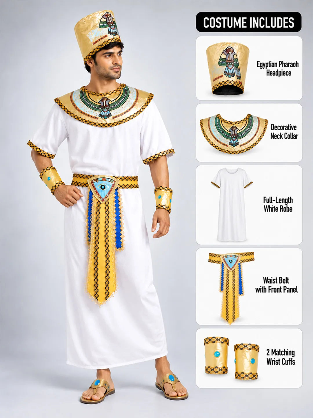White Egyptian Pharaoh King Adult Halloween Costume Fancy Dress Up