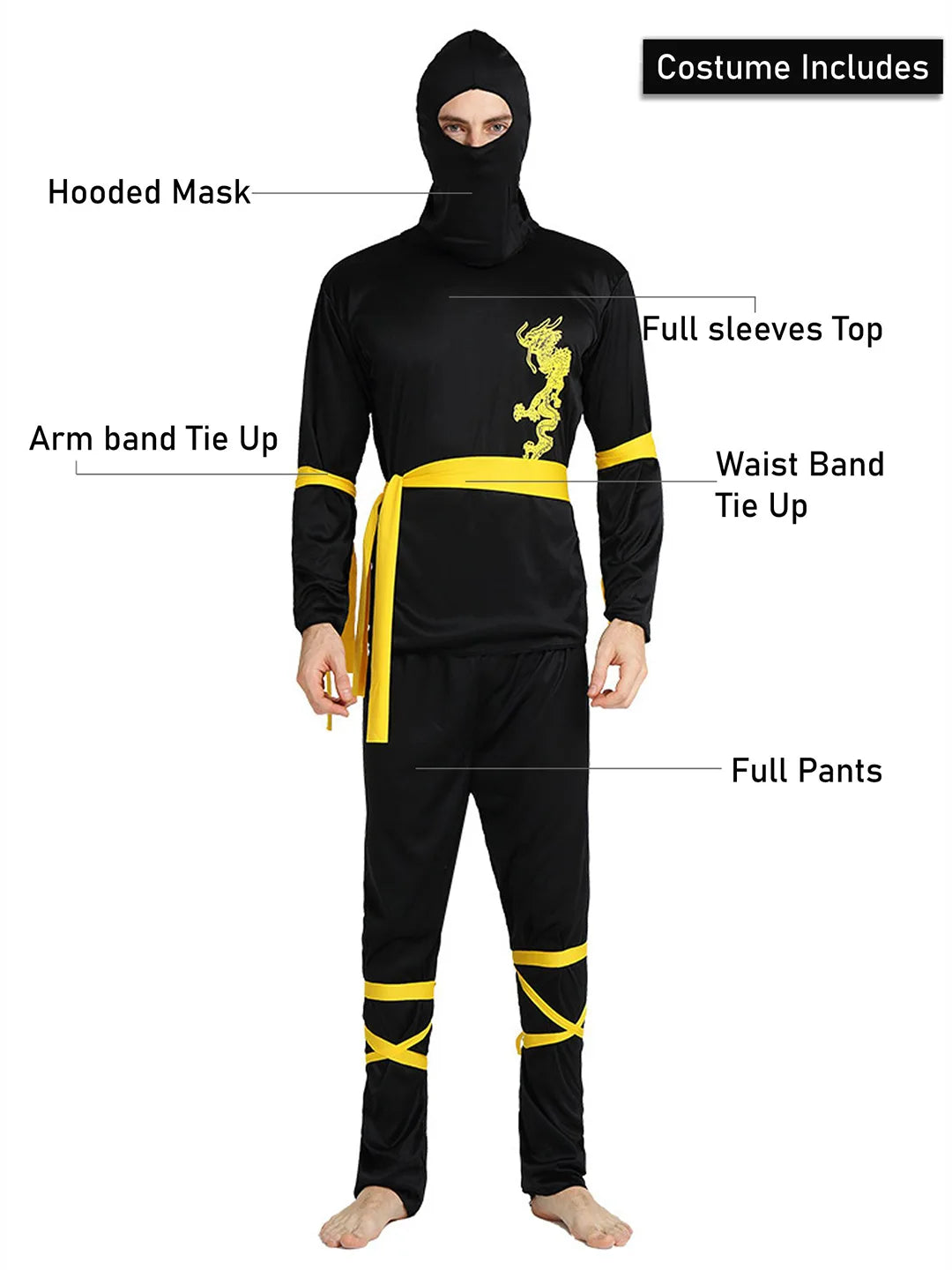 Yellow Dragon Ninja Adults Halloween Costume Fancy Dress Up