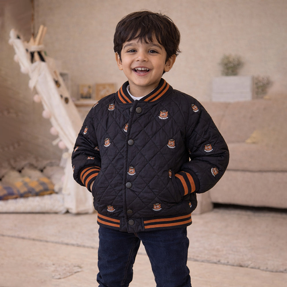 Black Brown Tiny Bear Quilted Sherpa Winter Jacket for Kids