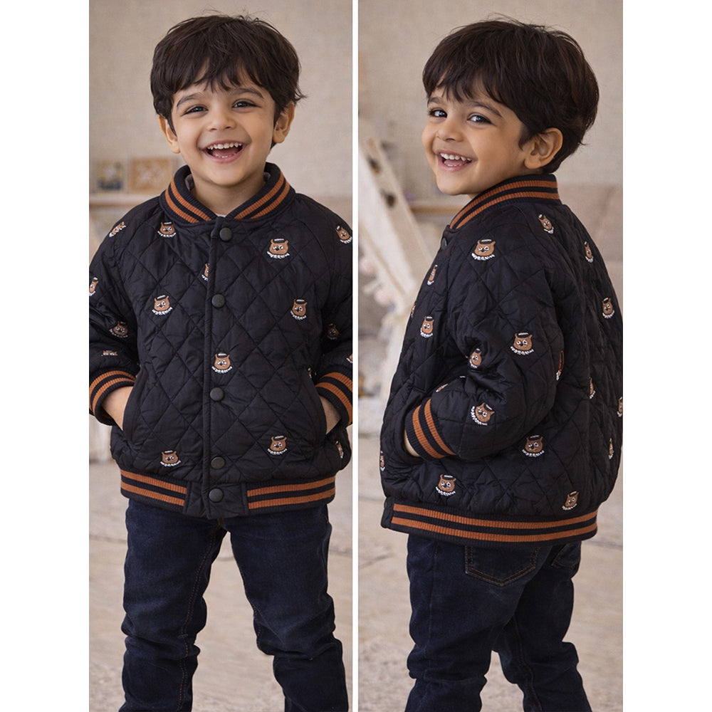 Black Brown Tiny Bear Quilted Sherpa Winter Jacket for Kids