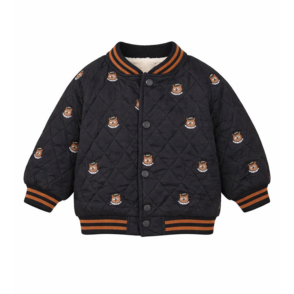 Black Brown Tiny Bear Quilted Sherpa Winter Jacket for Kids