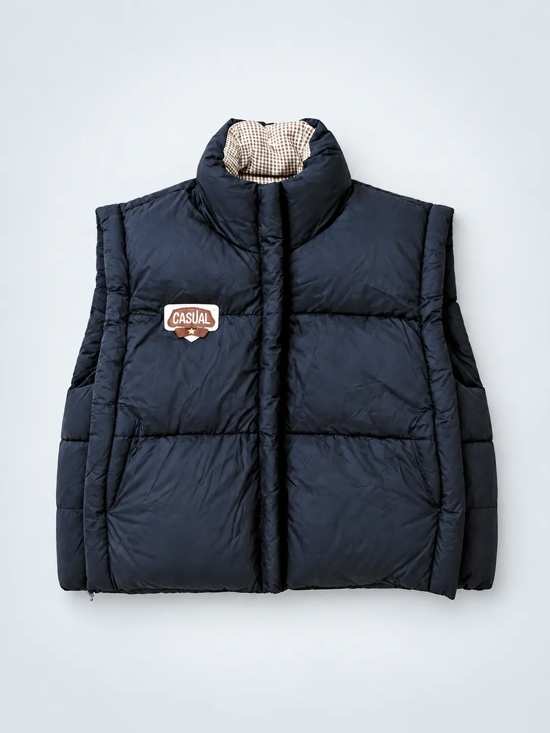 Black Checks Collar Quilted Sleeveless Winter Vest Jacket for Kids