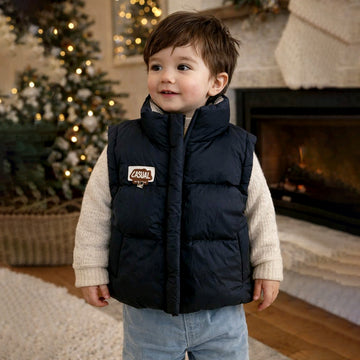 Black Checks Collar Quilted Sleeveless Winter Vest Jacket for Kids