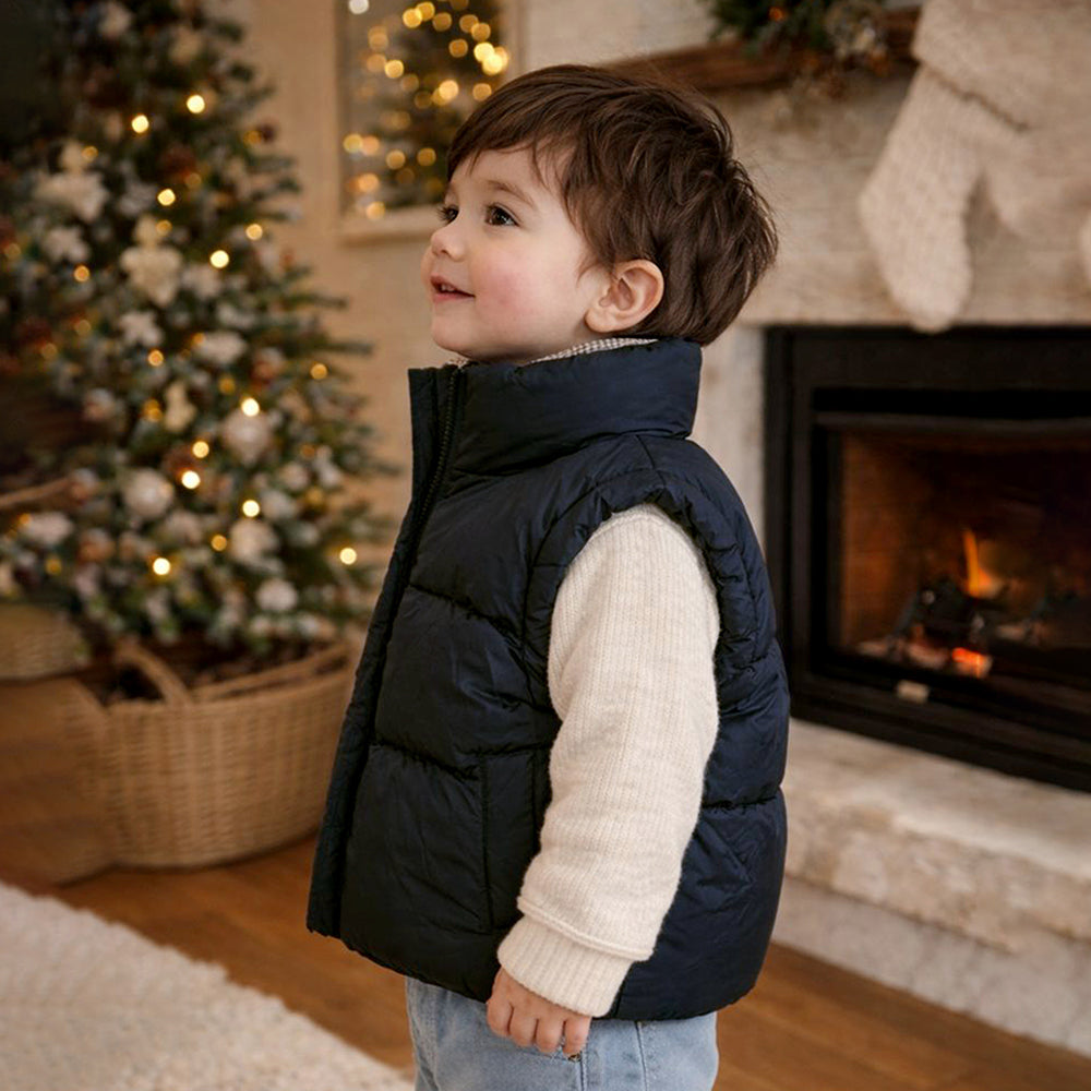 Black Checks Collar Quilted Sleeveless Winter Vest Jacket for Kids