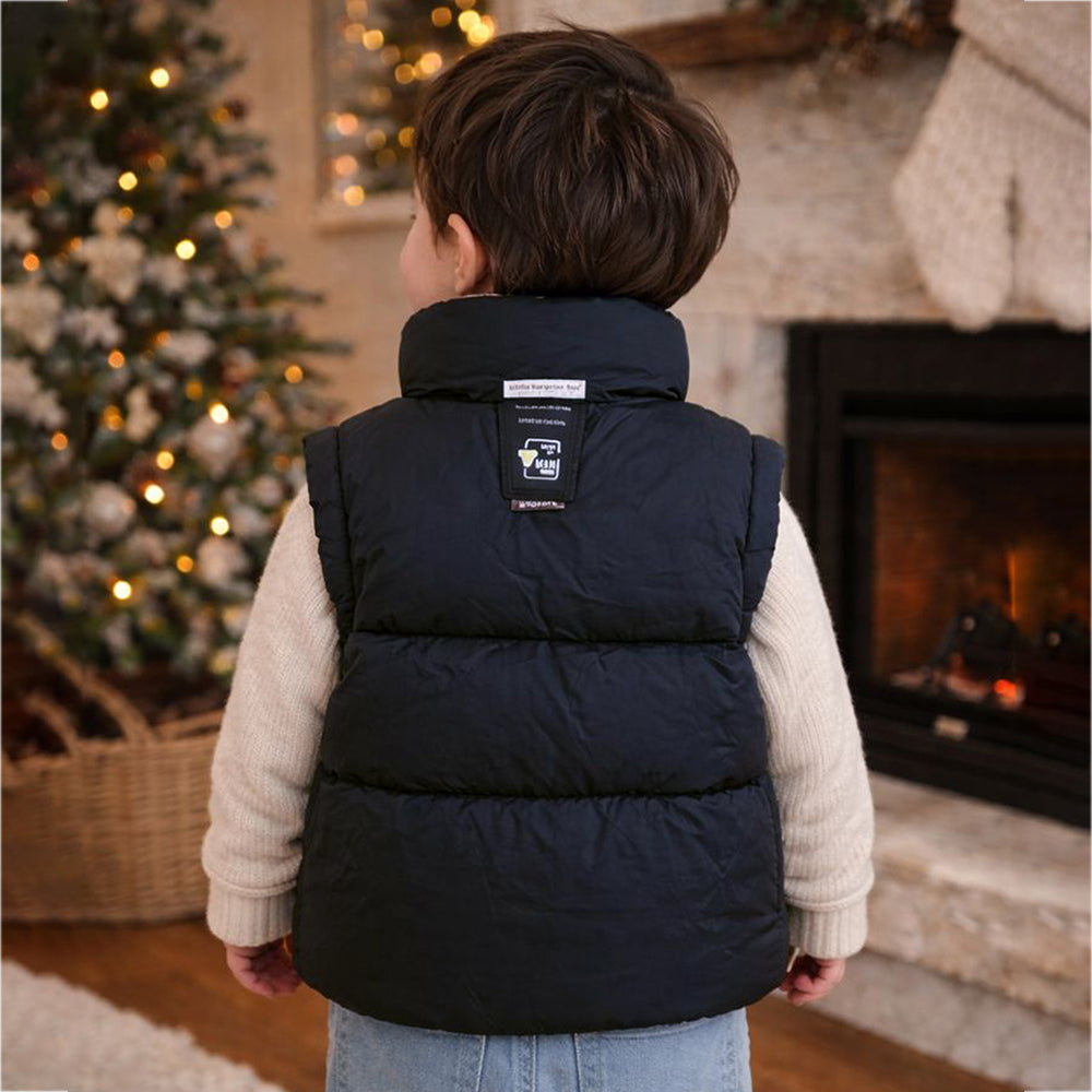 Black Checks Collar Quilted Sleeveless Winter Vest Jacket for Kids