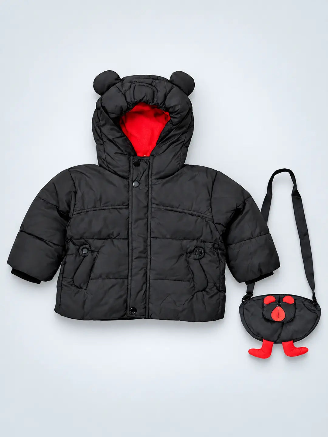 Black 3D Ears Teddy Themed Quilted Hooded Winter Jacket for Kids