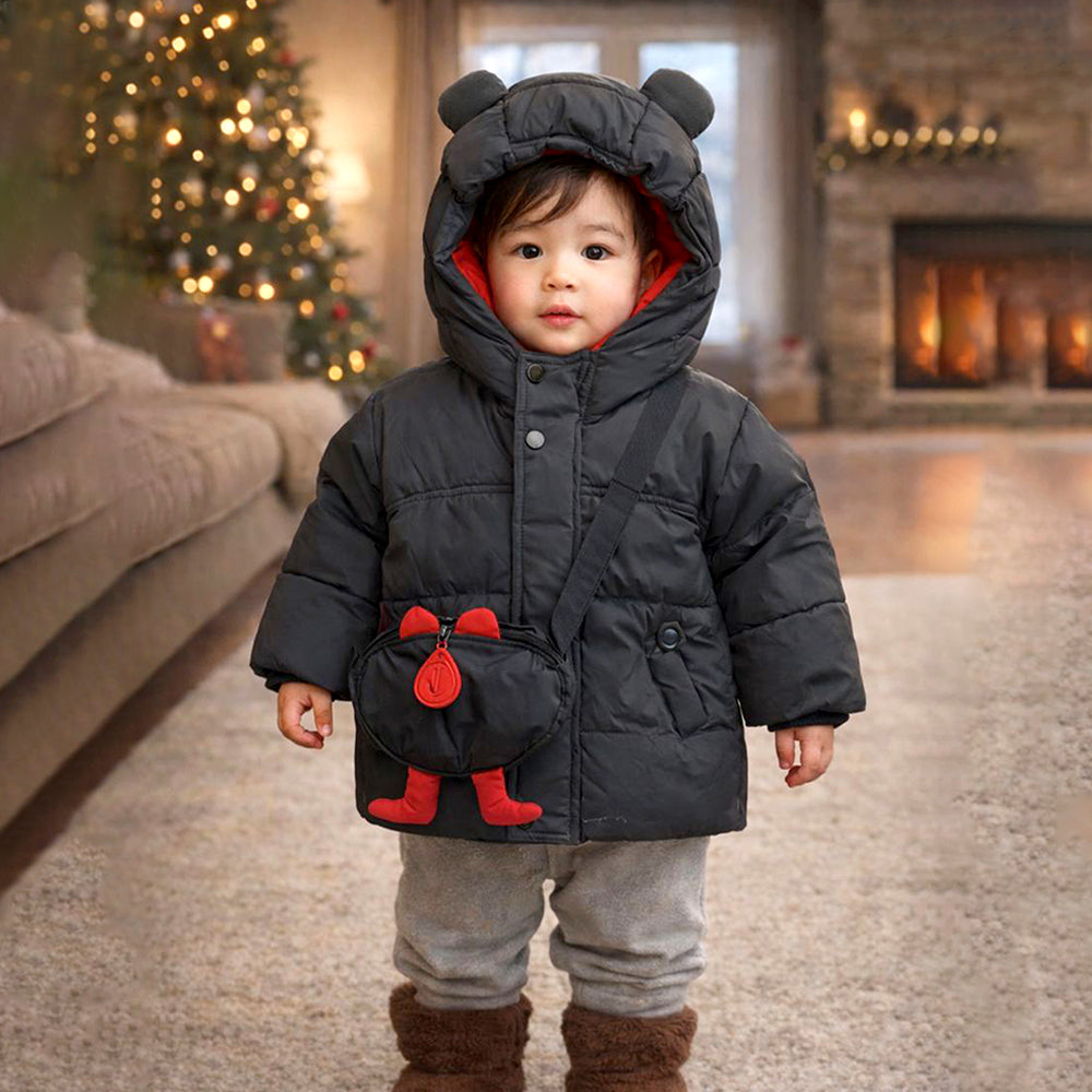 Black 3D Ears Teddy Themed Quilted Hooded Winter Jacket for Kids