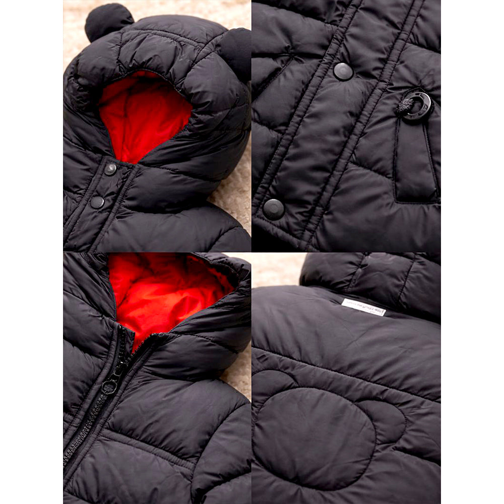 Black 3D Ears Teddy Themed Quilted Hooded Winter Jacket for Kids