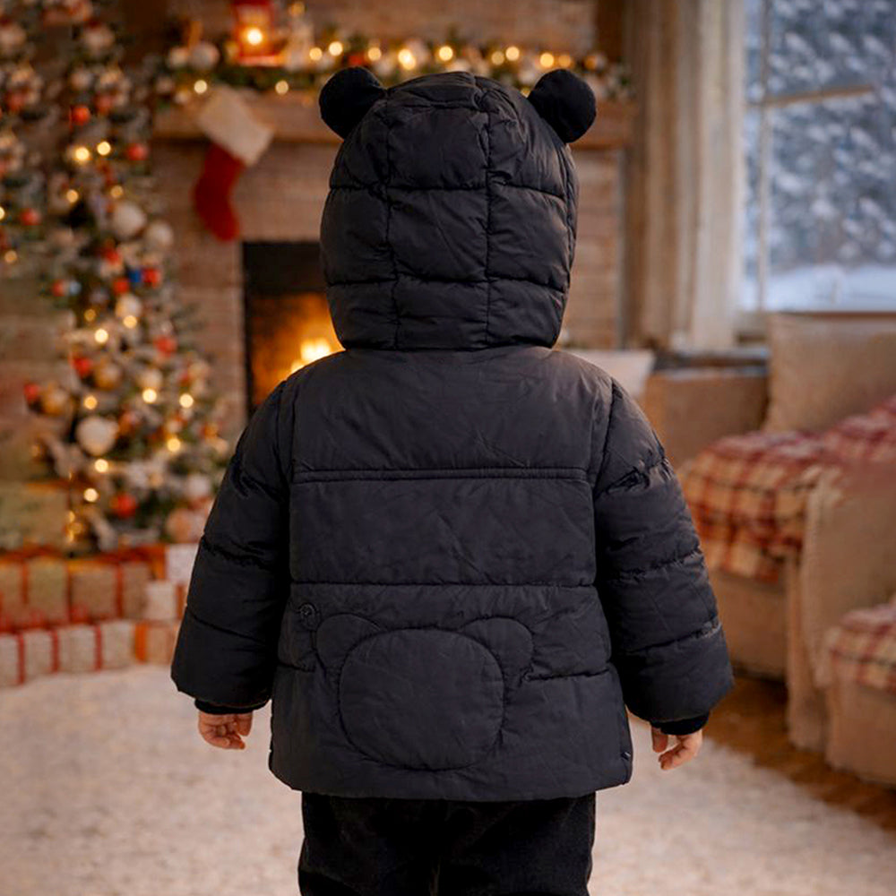 Black 3D Ears Teddy Themed Quilted Hooded Winter Jacket for Kids