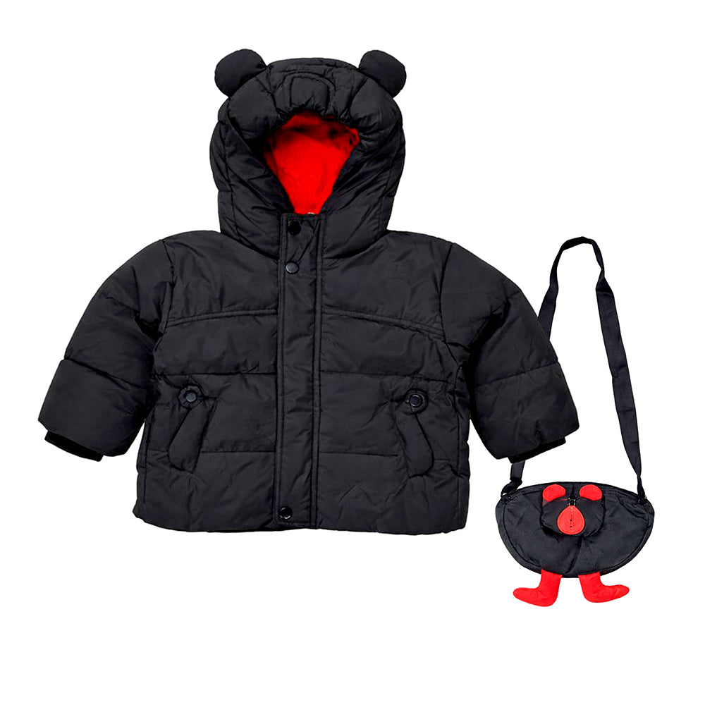 Black 3D Ears Teddy Themed Quilted Hooded Winter Jacket for Kids