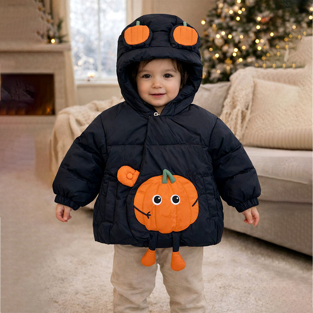 Black 3D Pumpkin Hooded Winter Puffer Jacket for Kids