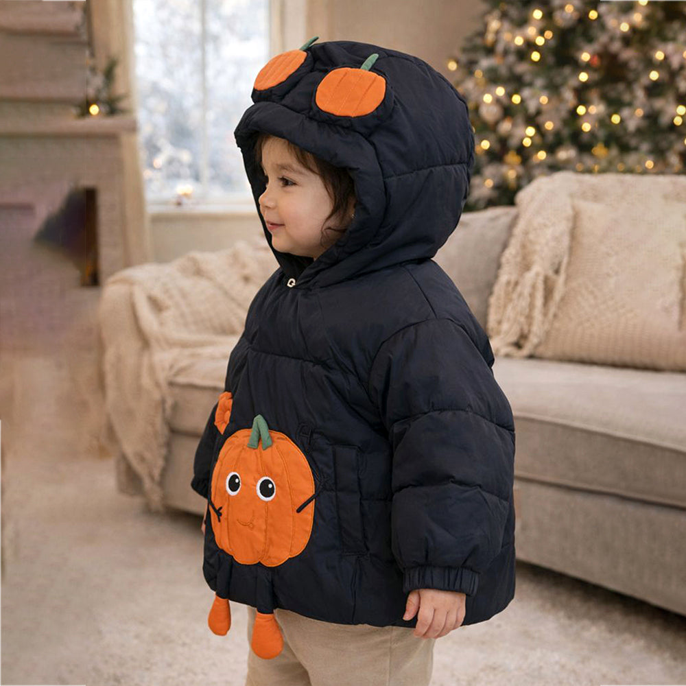 Black 3D Pumpkin Hooded Winter Puffer Jacket for Kids