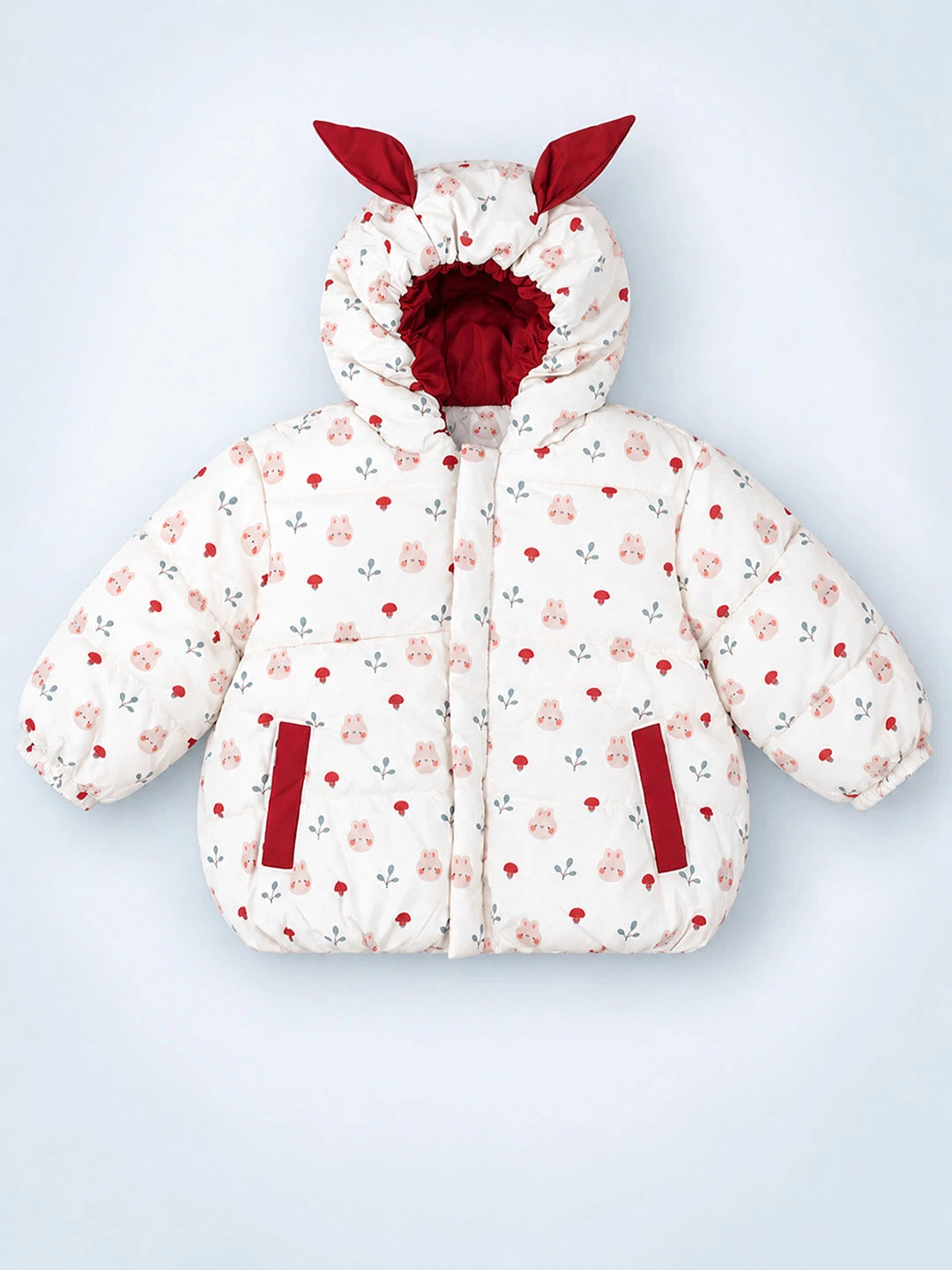 Cream & Brown Bunny Mushroom Quilted Hooded Winter Jacket for Kids