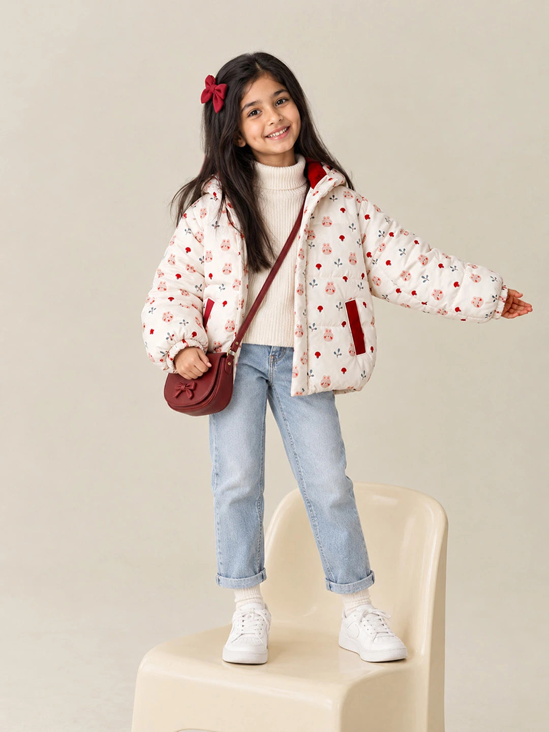 Cream & Brown Bunny Mushroom Quilted Hooded Winter Jacket for Kids