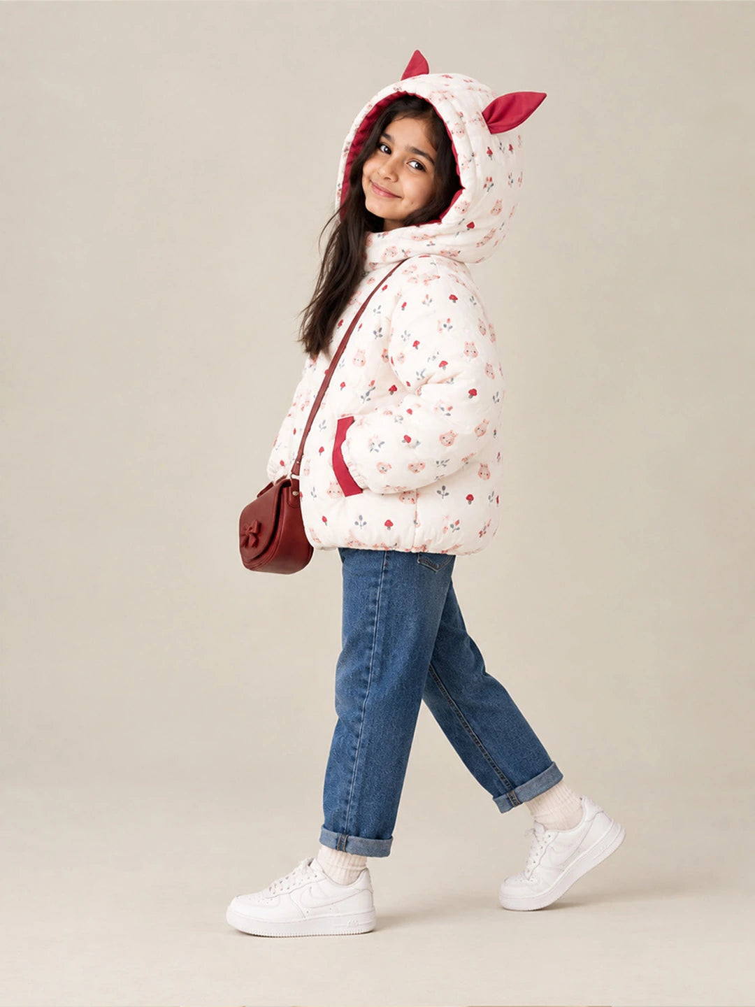 Cream & Brown Bunny Mushroom Quilted Hooded Winter Jacket for Kids