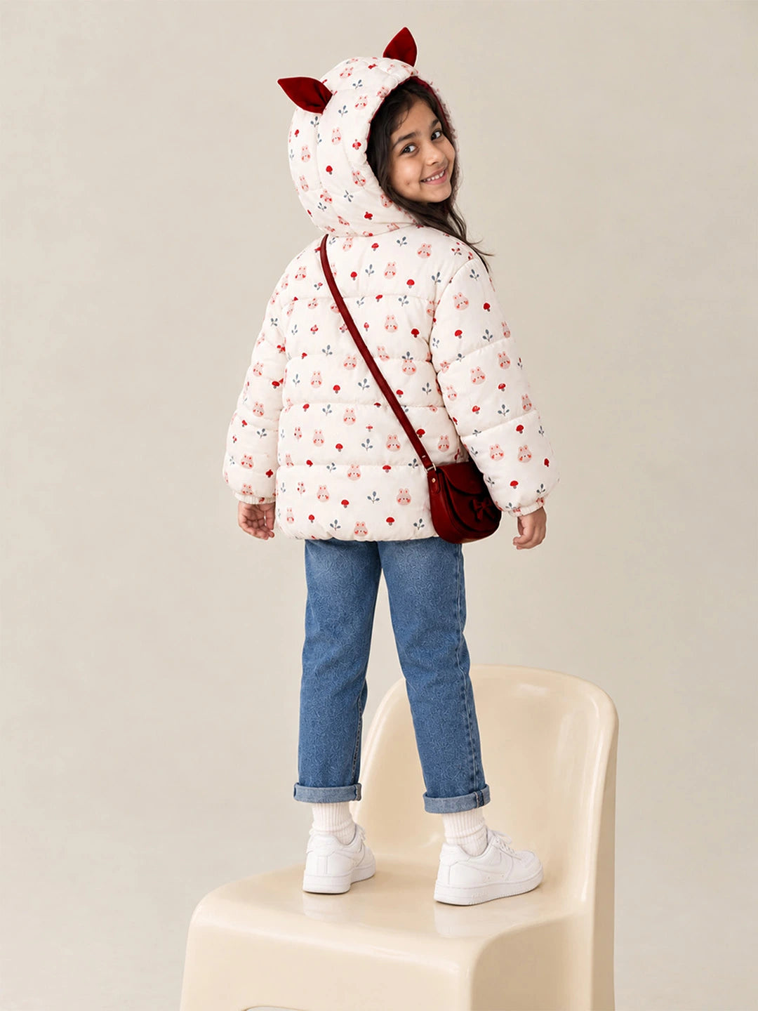 Cream & Brown Bunny Mushroom Quilted Hooded Winter Jacket for Kids