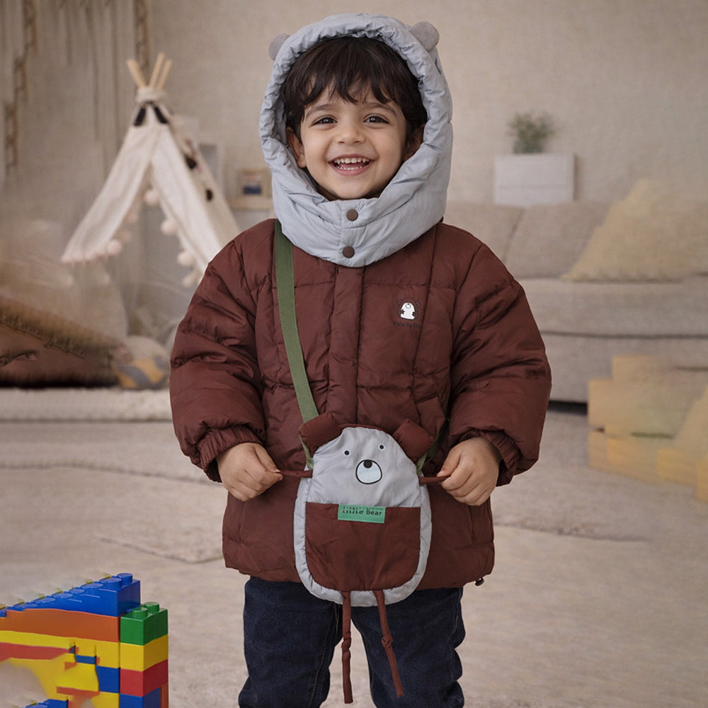 Brown & Grey Quilted Hooded Winter Jacket for Kids