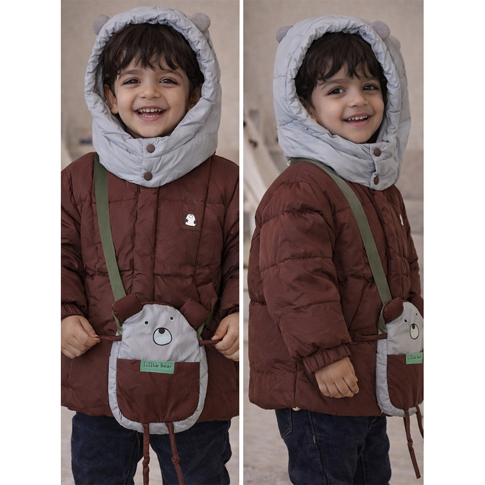 Brown & Grey Quilted Hooded Winter Jacket for Kids