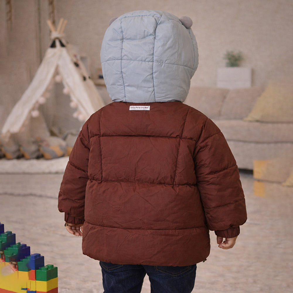 Brown & Grey Quilted Hooded Winter Jacket for Kids