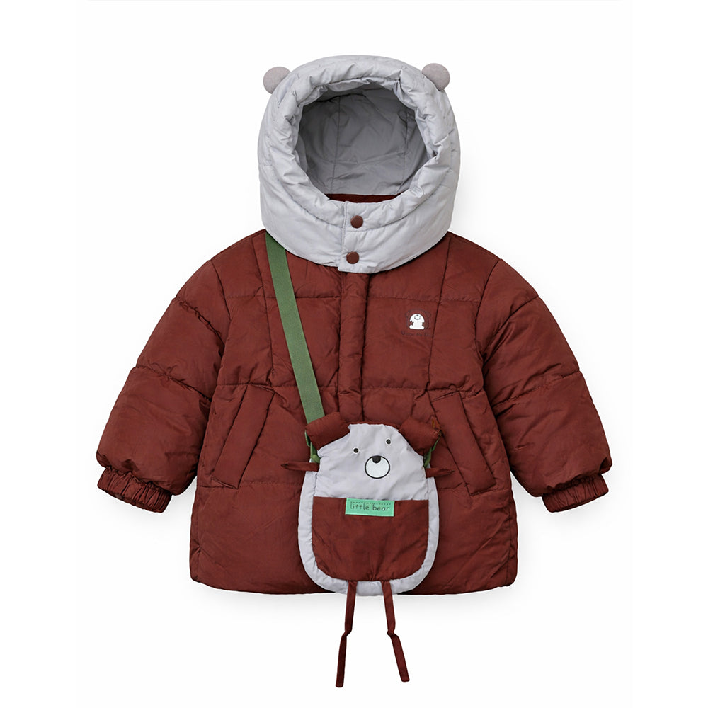 Brown & Grey Quilted Hooded Winter Jacket for Kids