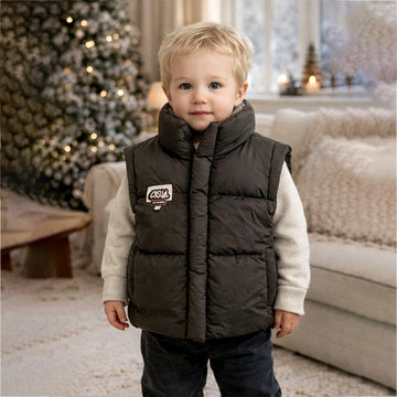 Brown Checks Collar Quilted Sleeveless Winter Vest Jacket for Kids
