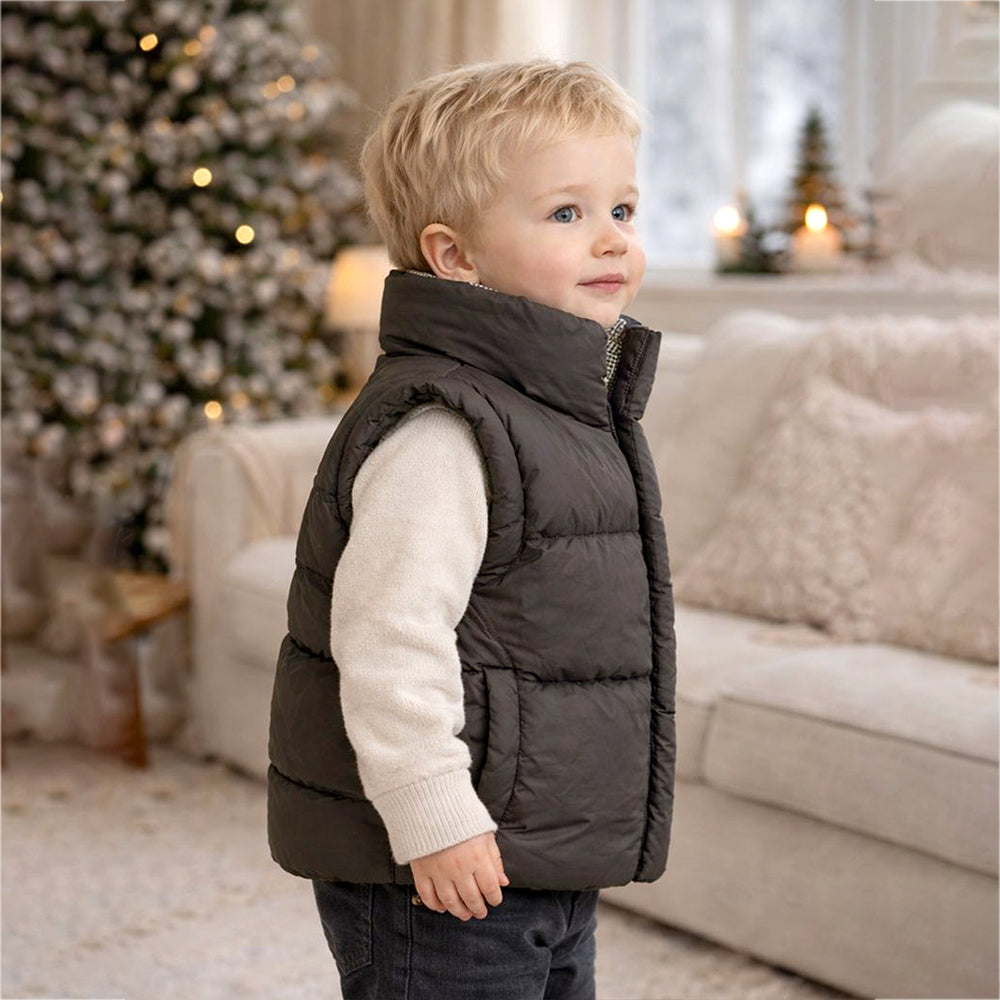 Brown Checks Collar Quilted Sleeveless Winter Vest Jacket for Kids