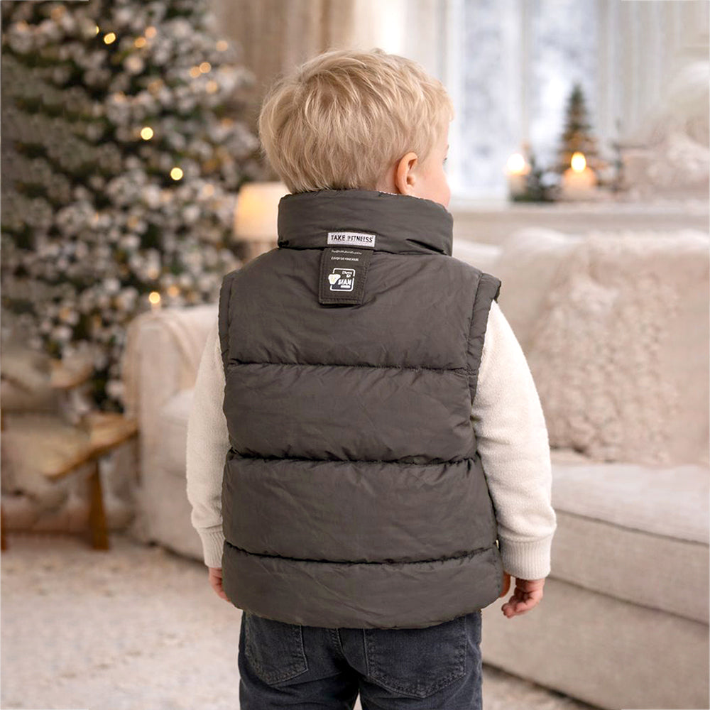 Brown Checks Collar Quilted Sleeveless Winter Vest Jacket for Kids