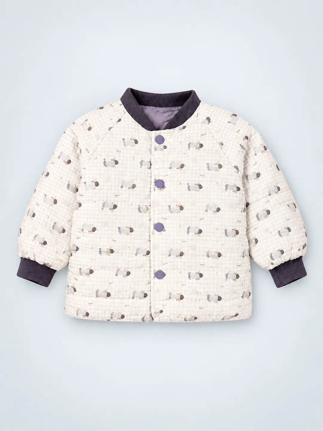 Cream Checkered Cute Dog Theme Winter Jacket for Kids