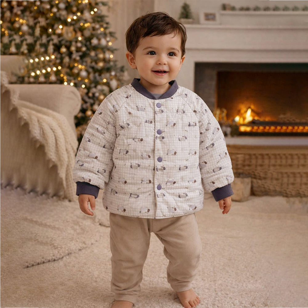 Cream Checkered Cute Dog Theme Winter Jacket for Kids