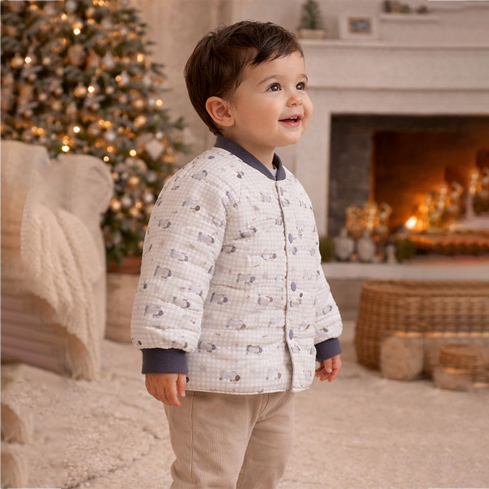 Cream Checkered Cute Dog Theme Winter Jacket for Kids
