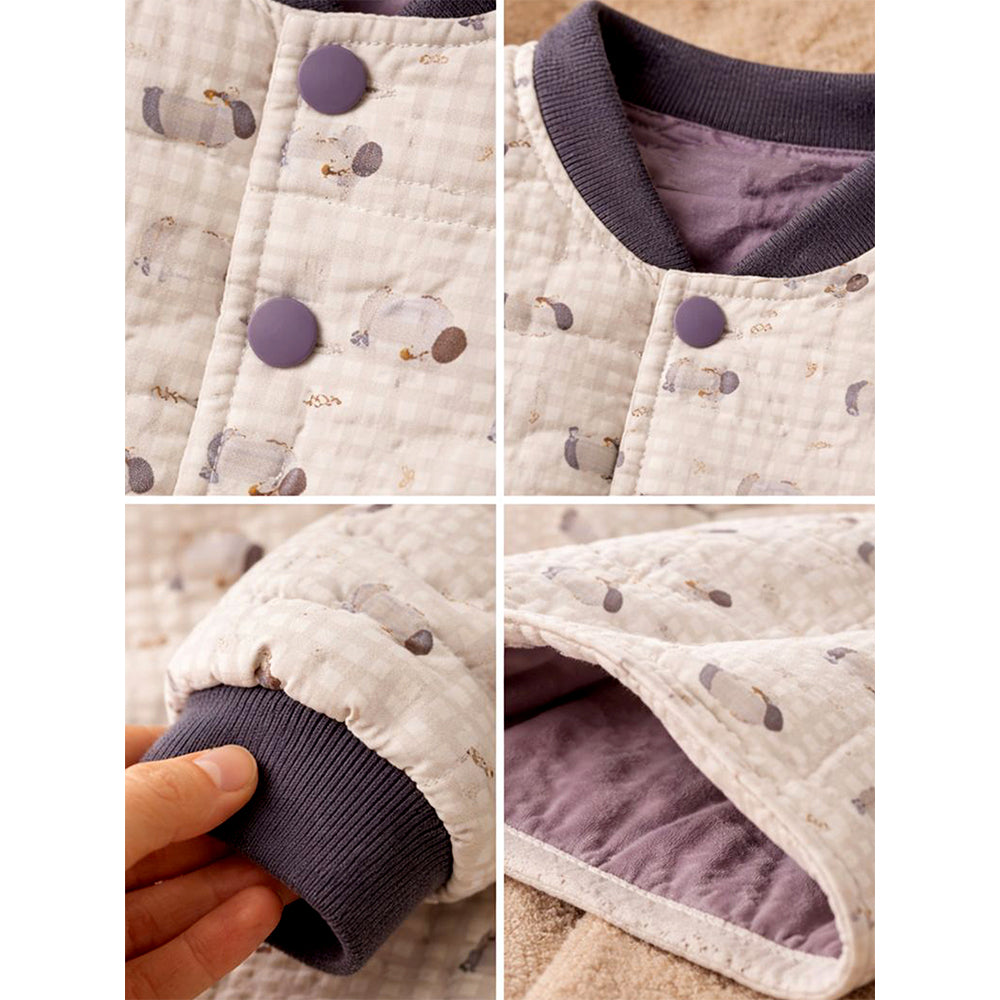 Cream Checkered Cute Dog Theme Winter Jacket for Kids