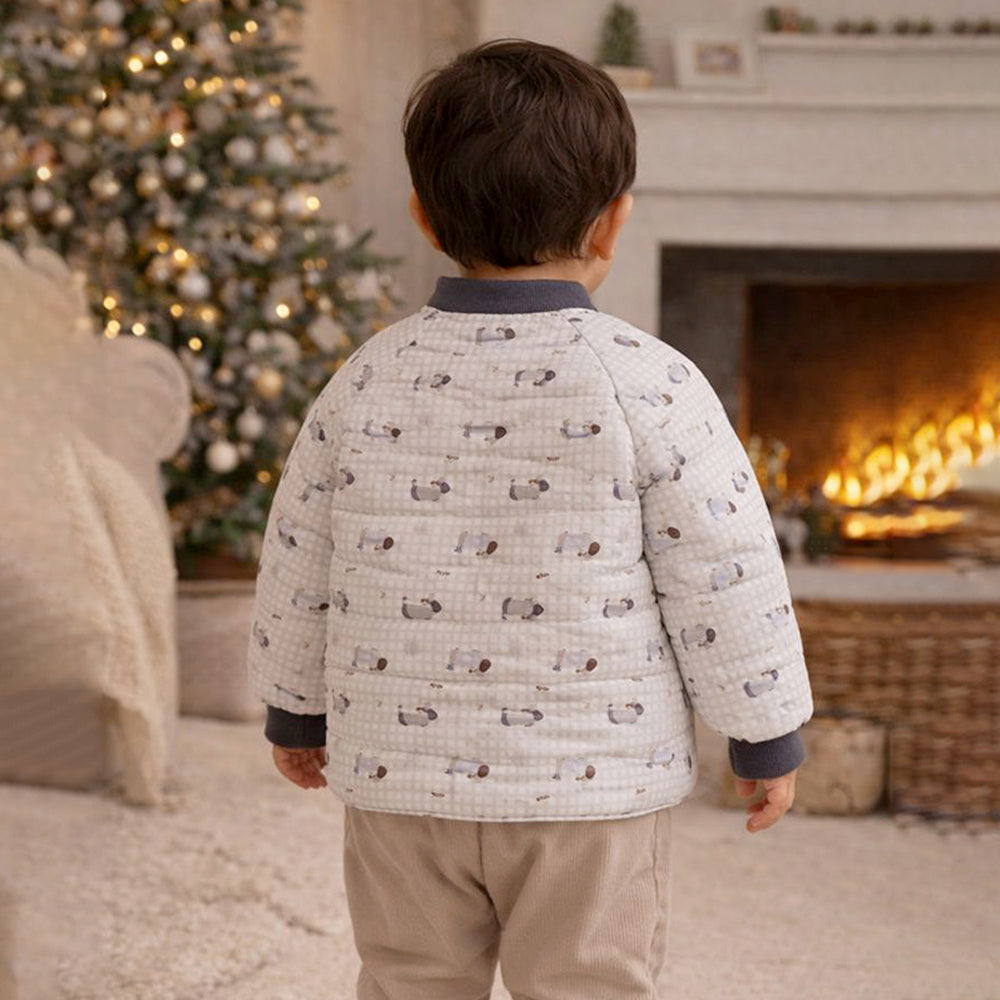 Cream Checkered Cute Dog Theme Winter Jacket for Kids