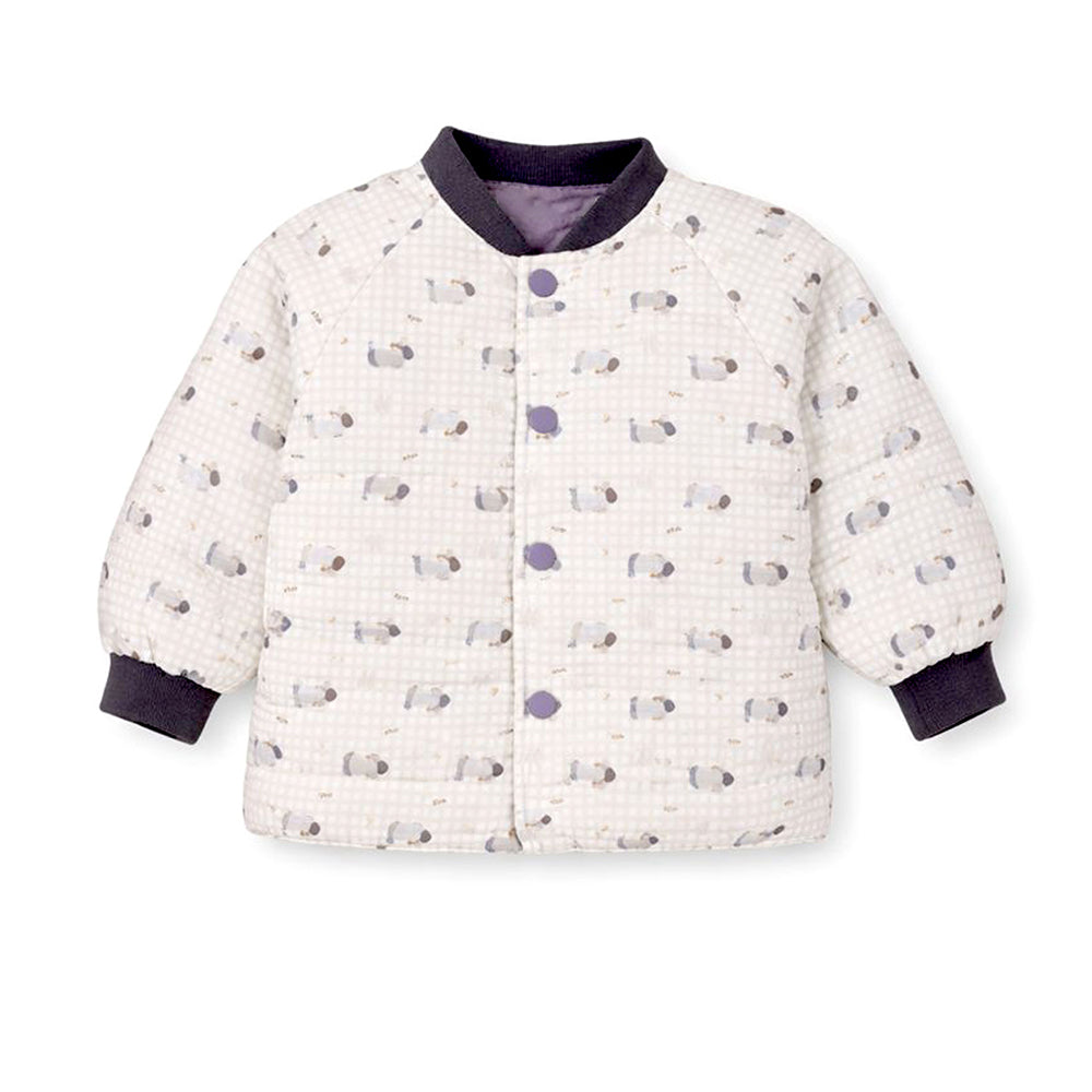 Cream Checkered Cute Dog Theme Winter Jacket for Kids