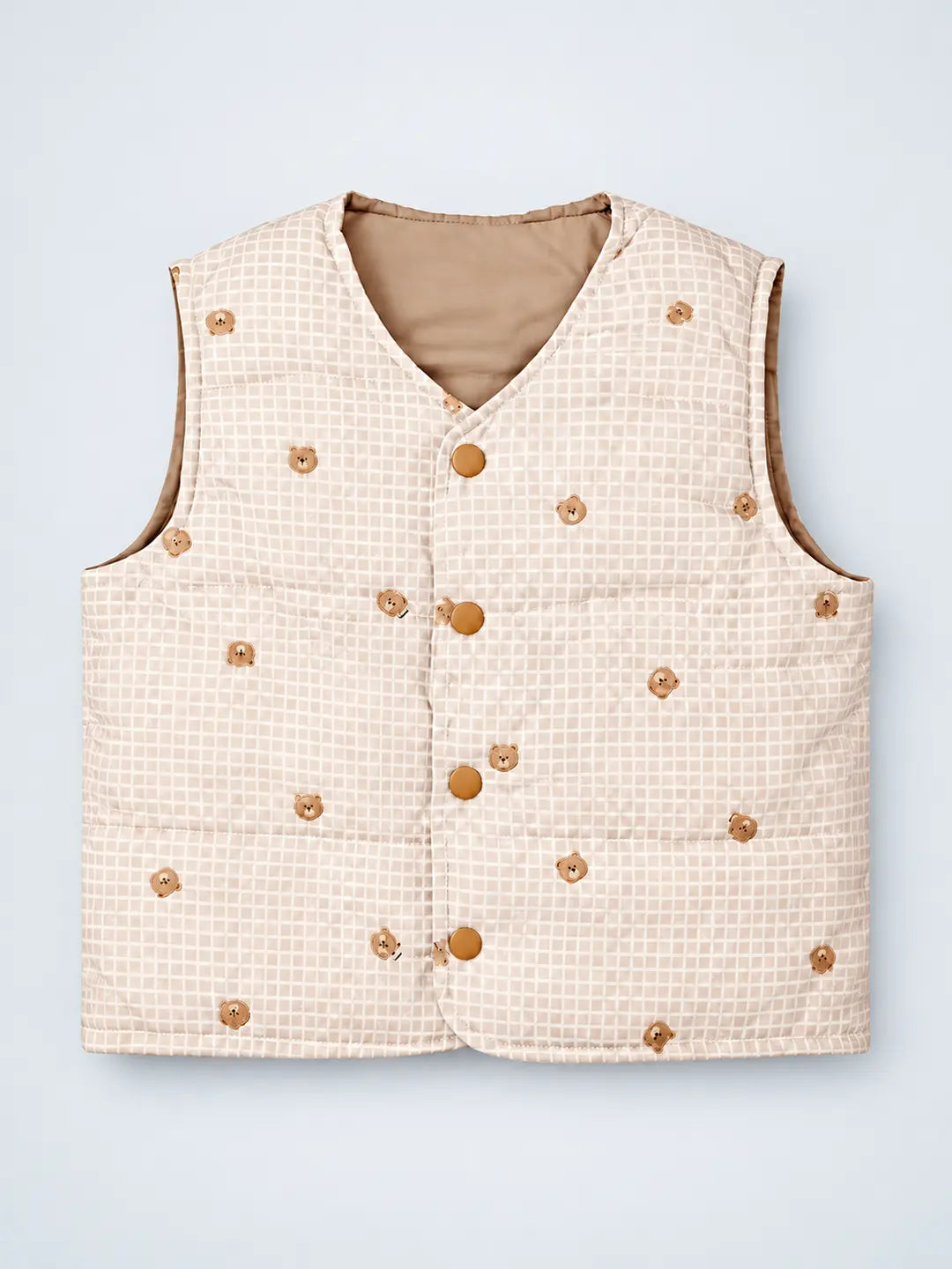 Cream Checks Teddy Reversible Sleeveless Winter Jacket for Kids