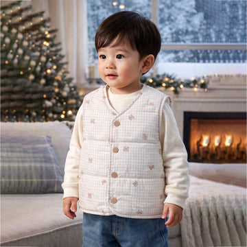 Cream Checks Teddy Reversible Sleeveless Winter Jacket for Kids