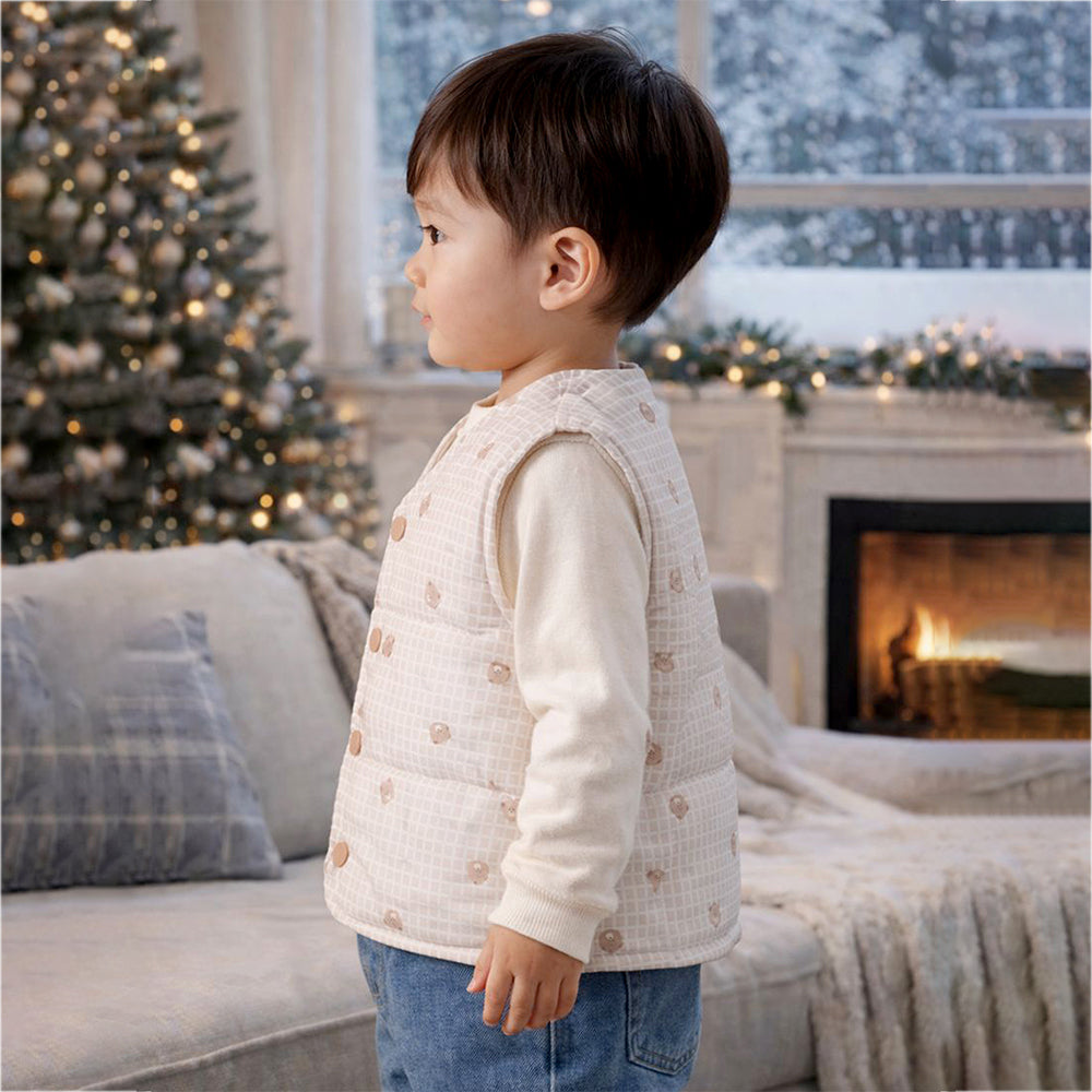 Cream Checks Teddy Reversible Sleeveless Winter Jacket for Kids