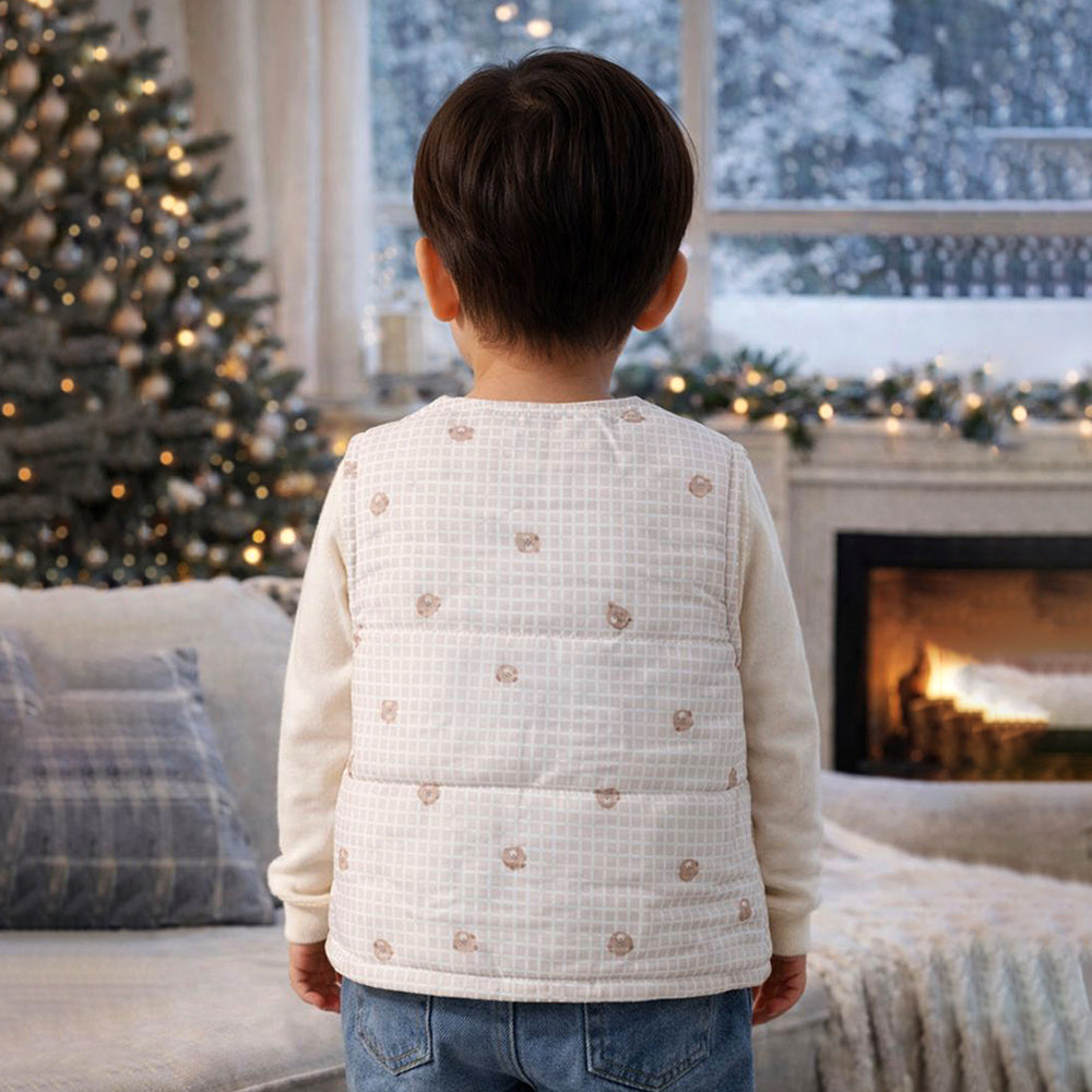 Cream Checks Teddy Reversible Sleeveless Winter Jacket for Kids