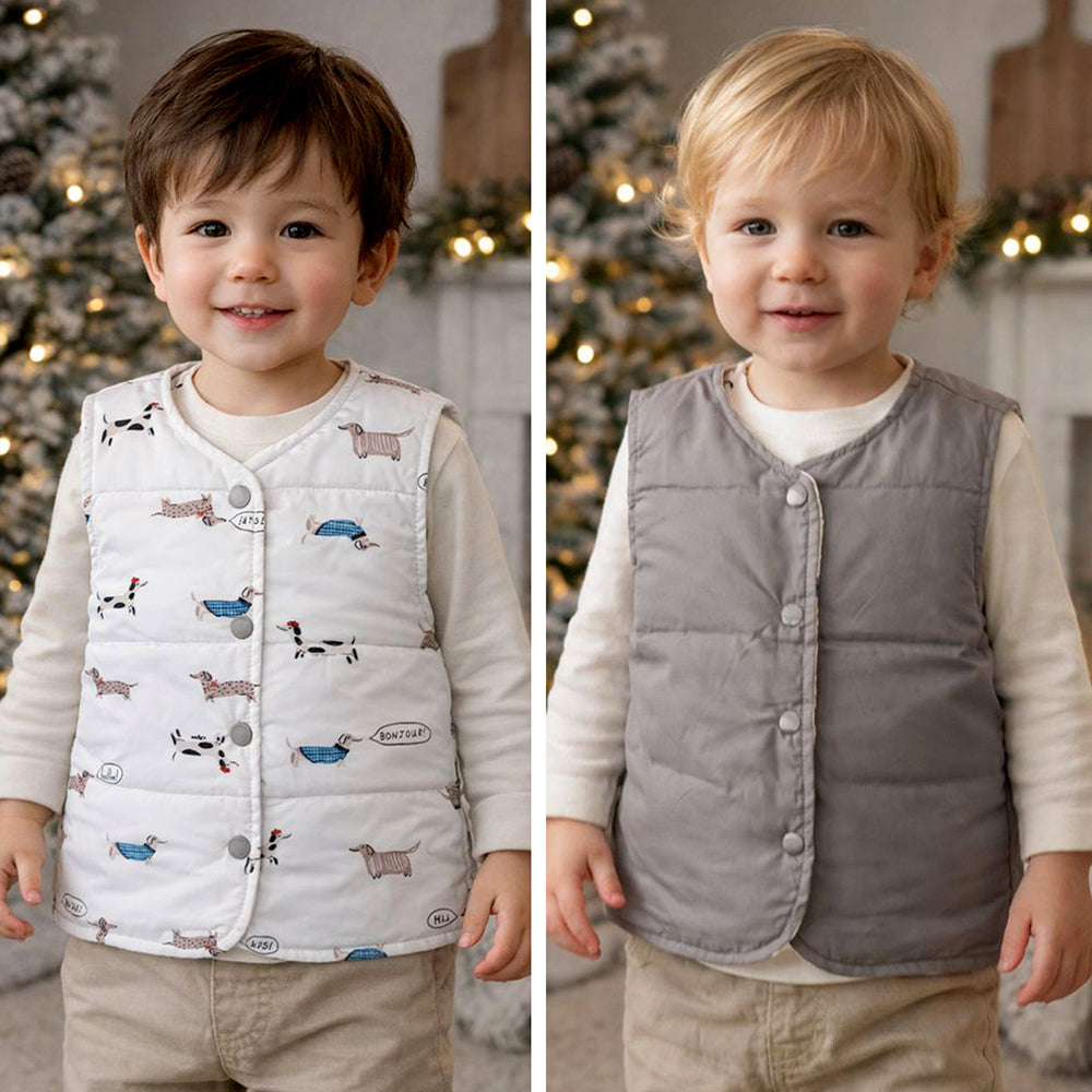 Cream Dachshund Reversible Sleeveless Winter Jacket for Kids