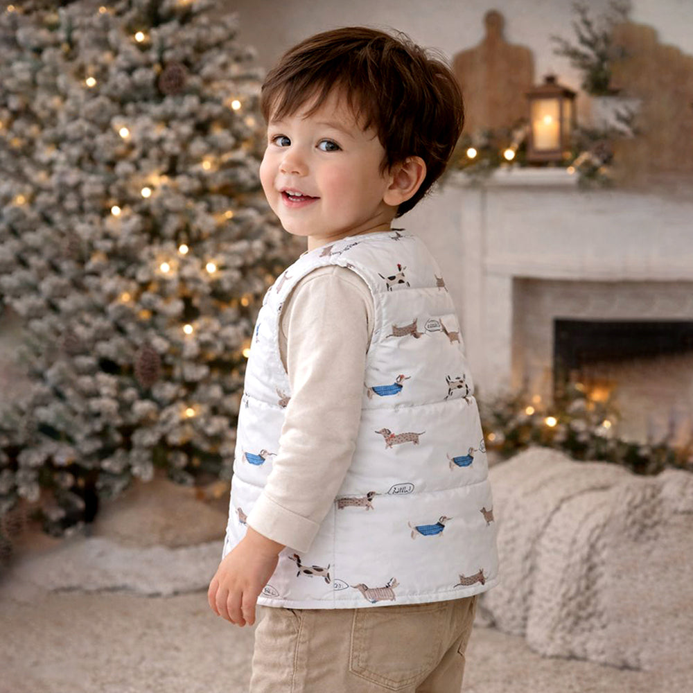 Cream Dachshund Reversible Sleeveless Winter Jacket for Kids