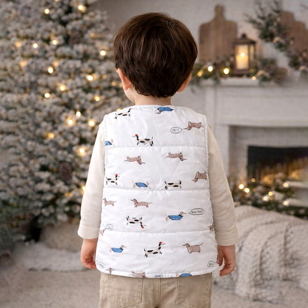 Cream Dachshund Reversible Sleeveless Winter Jacket for Kids
