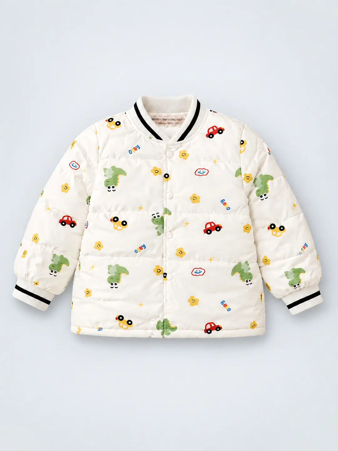 Cream Dino & Cars Winter Jacket for Kids