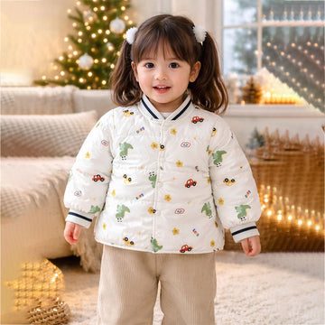 Cream Dino & Cars Winter Jacket for Kids