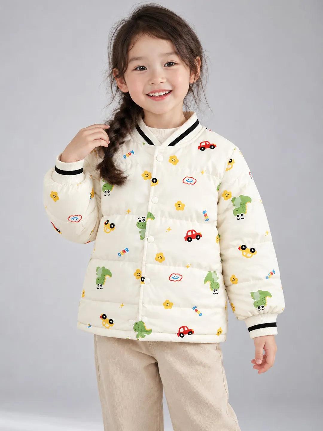 Cream Dino & Cars Winter Jacket for Kids