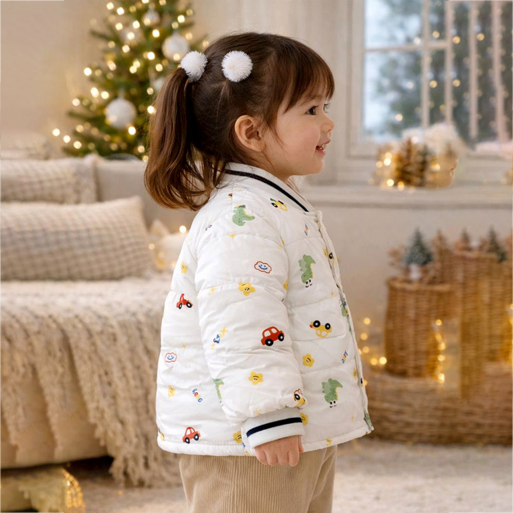 Cream Dino & Cars Winter Jacket for Kids
