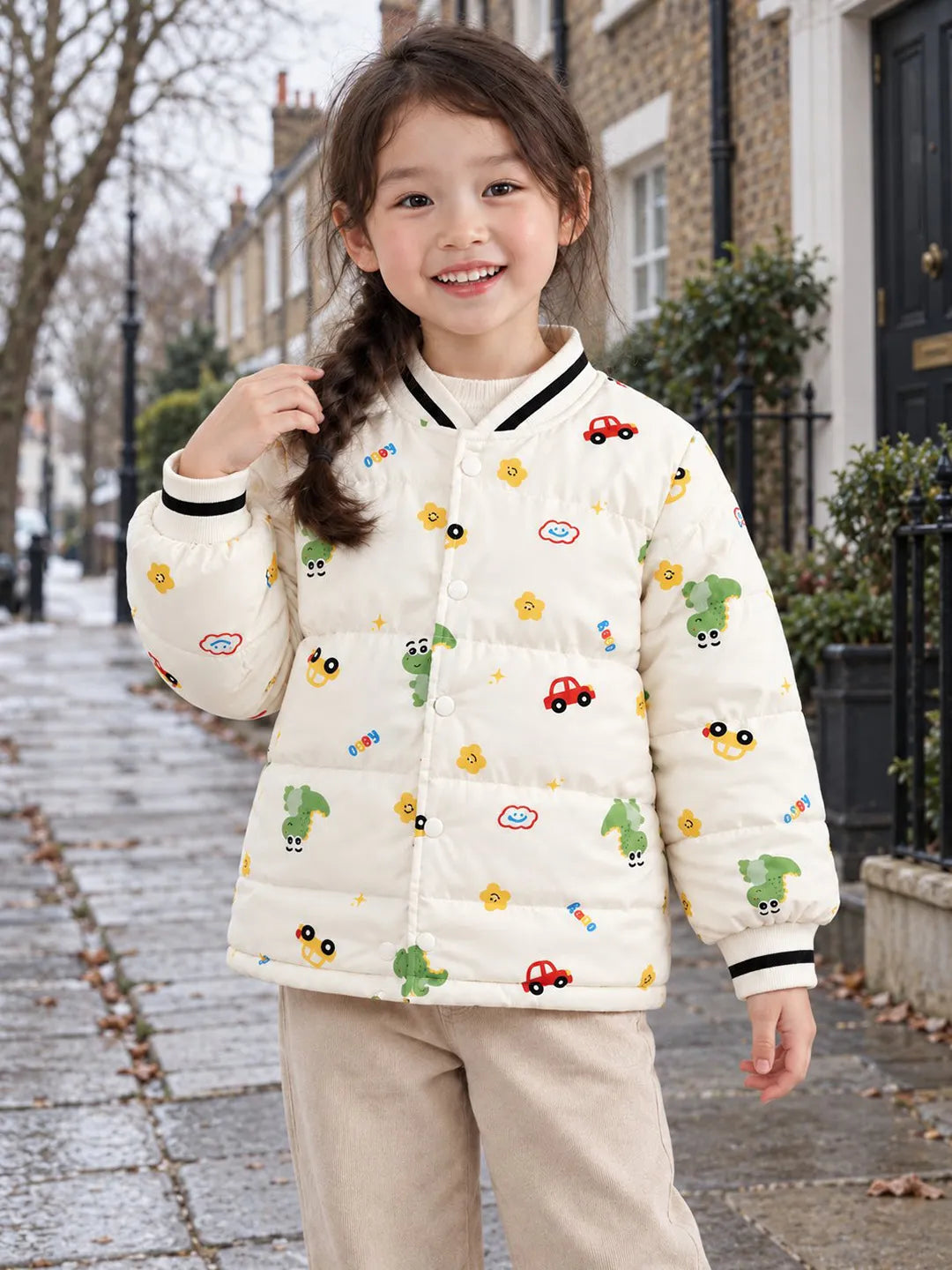 Cream Dino & Cars Winter Jacket for Kids