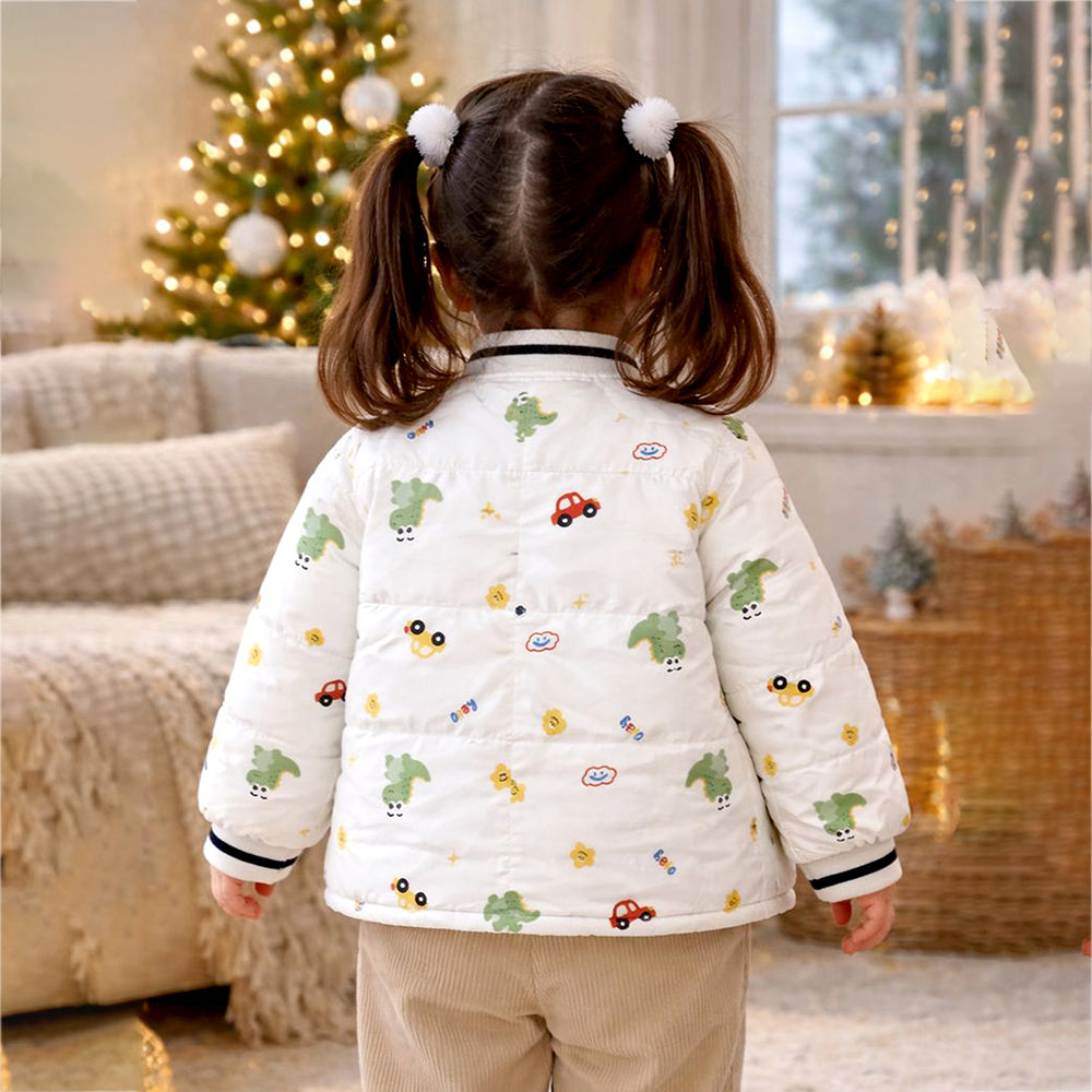 Cream Dino & Cars Winter Jacket for Kids
